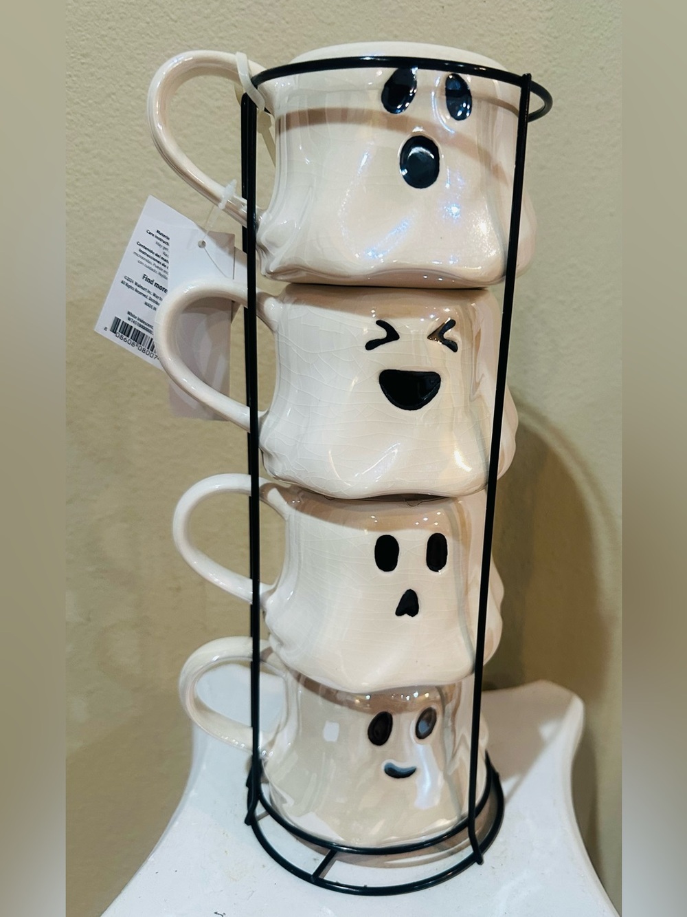 White Ghost Face Stackable Ceramic Mugs - Set of 4